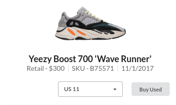 Yeezy Boost 700 'Wave Runner' page with "Buy Used" button